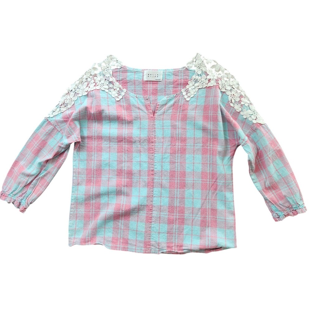Bella Bella Plaid‎ Blouse Women Pink Aqua Blue Excellent Lace Crochet Boho